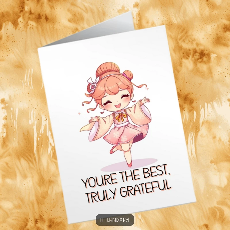 Funny Free Printable Thank You Card: Delighted character dancing gracefully with shimmering silk fabrics, conveying thanks.