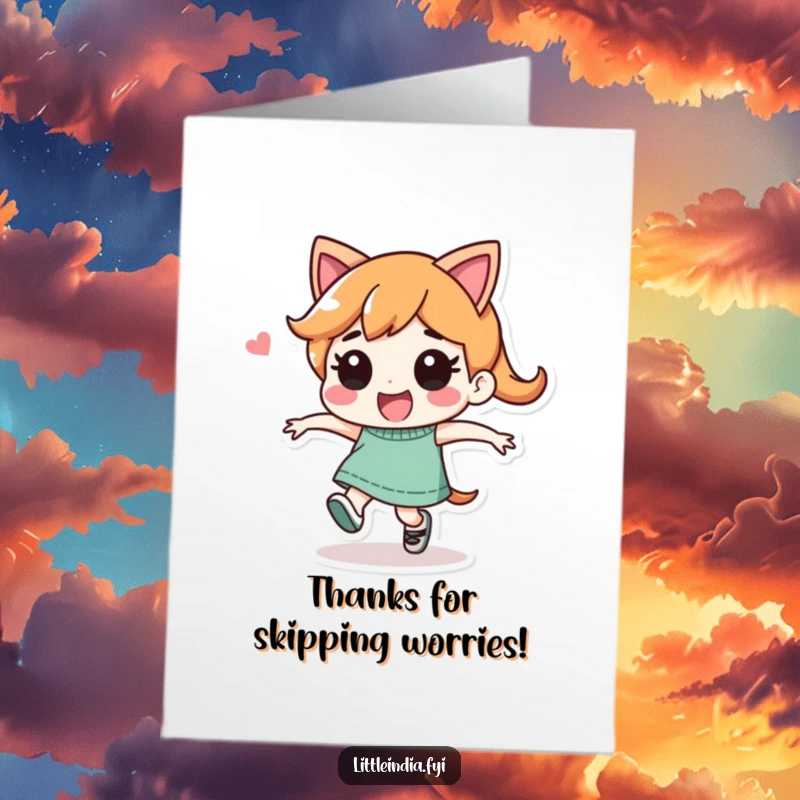 Funny Free Printable Thank You Card: Playful character performing a joyful, energetic skip, conveying cheerful and humorous thanks, downloadable.