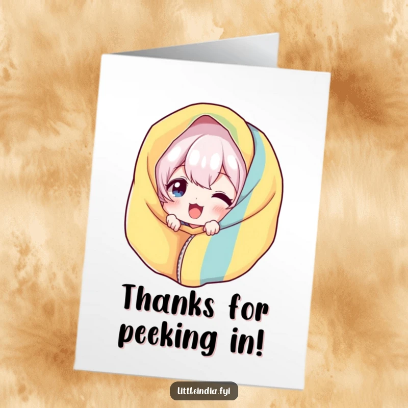 Funny Free Printable Thank You Card: Giggling character peeking from behind bright fabric, showing playful gratitude. DIY present.