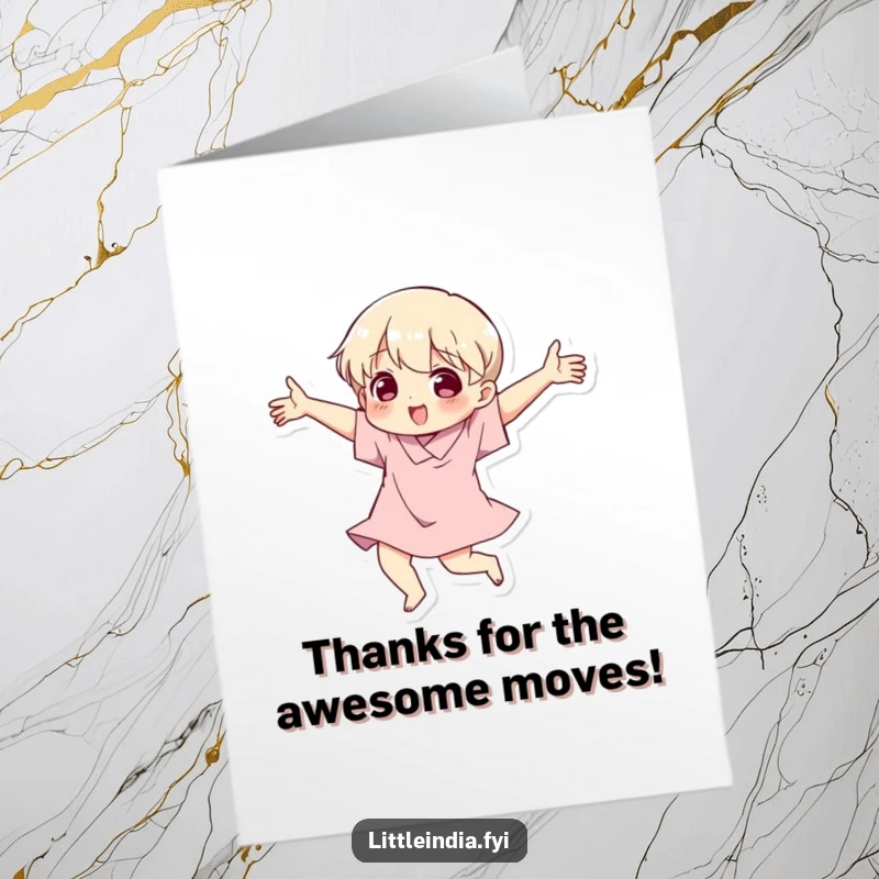 Free Printable Thank You Card: A joyful character doing a silly dance, showing appreciation with happy vibes.