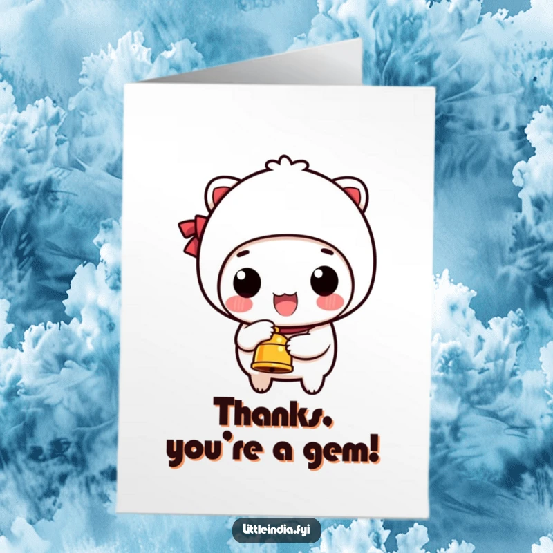 Funny Free Printable Thank You Card with a happy character ringing a small bell to convey heartfelt thanks.