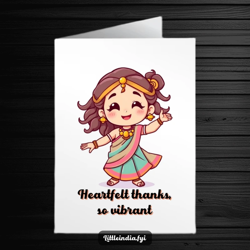 Funny Free Printable Thank You Card: A smiling character in a vibrant, colorful sari performs a joyful dance of thanks.