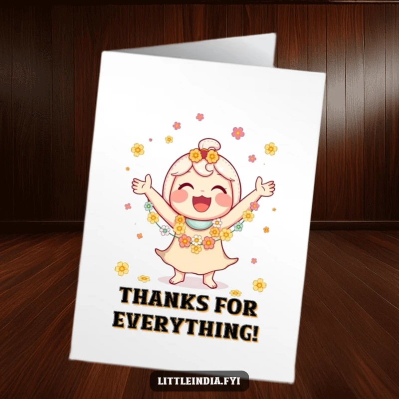 Funny Free Printable Thank You Card: A smiling character expertly juggling small flower garlands with gratitude.