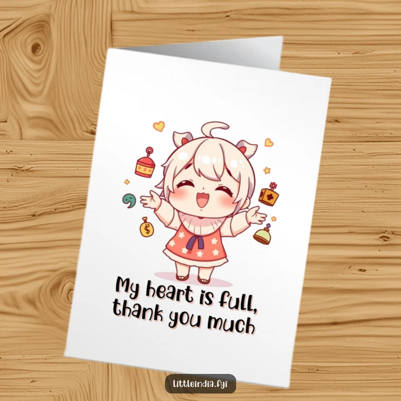 Funny Free Printable Thank You Card: Giggling character juggling trinkets, offering a joyful thank you.