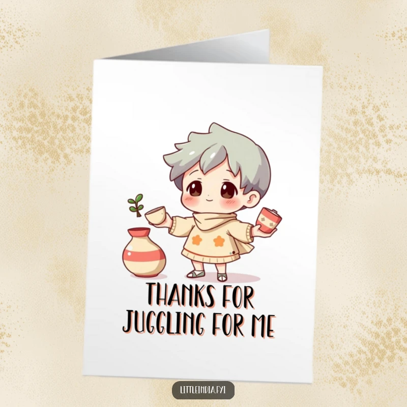 Funny Free Printable Thank You Card: A curious character juggles small pottery pieces, a unique way to say thanks.