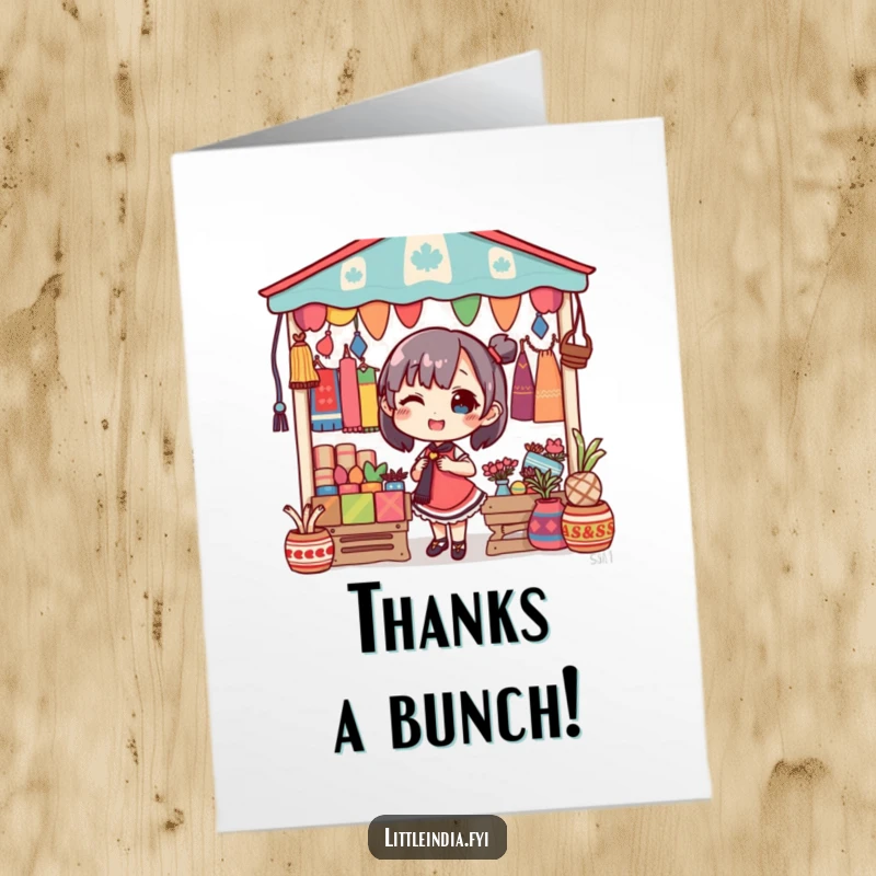 Funny Free Printable Thank You Card: Delighted character skillfully decorating a market stall with vibrant textiles.