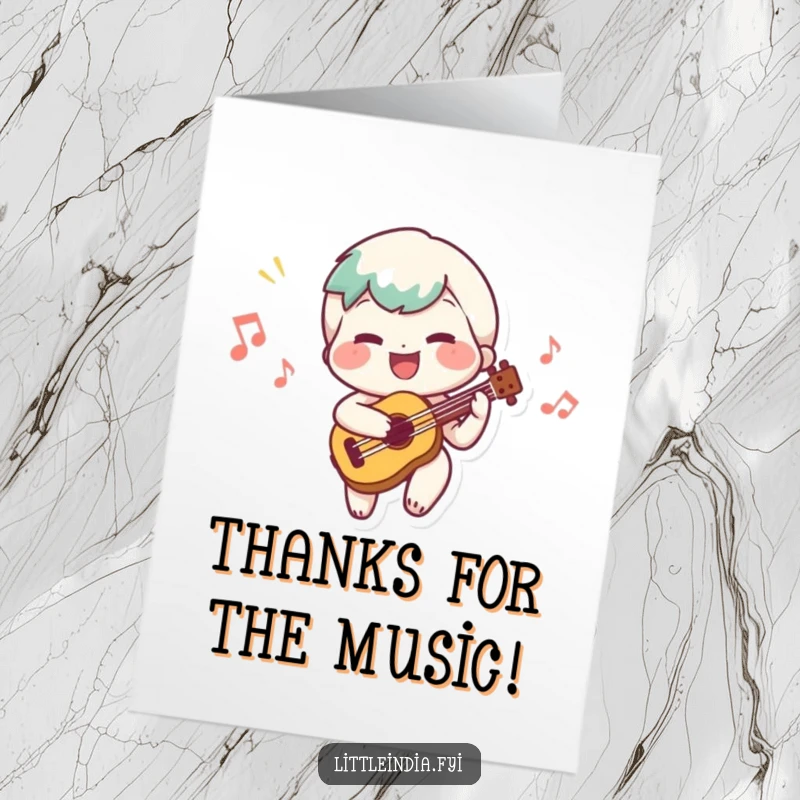 Funny Free Printable Thank You Card: A happy character playing a small instrument, composing a tune of thanks.