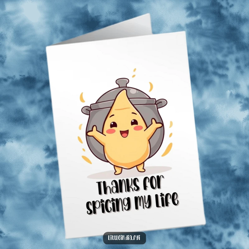 Funny Free Printable Thank You Card: Small but mighty samosa faces giant curry pot, symbolizing gratitude.