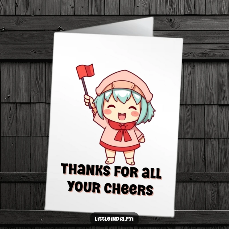 Funny Free Printable Thank You Card: A character enthusiastically waves a small, colorful flag, conveying heartfelt thanks with a cheerful gesture.