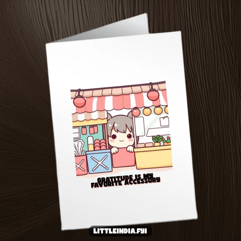 Funny Free Printable Thank You Card: Playful character peeking with a smile from behind colorful market stalls.