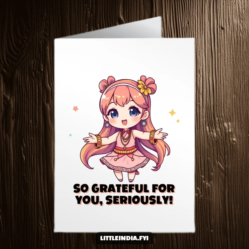 Funny Free Printable Thank You Card: A character in dazzling bangles performing a playful twirl.