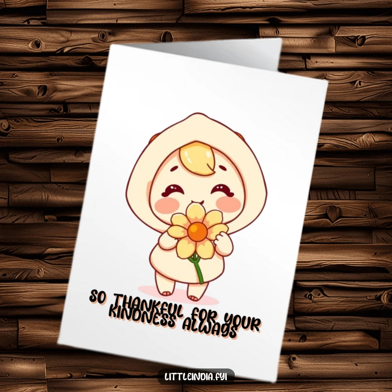 Funny Free Printable Thank You Card: Happy character joyfully offering a fragrant flower as a thank you.