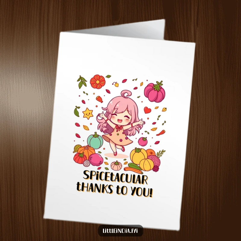 Funny Free Printable Thank You Card: Delighted character dancing among colorful spices, sending cheerful and humorous thanks, downloadable.