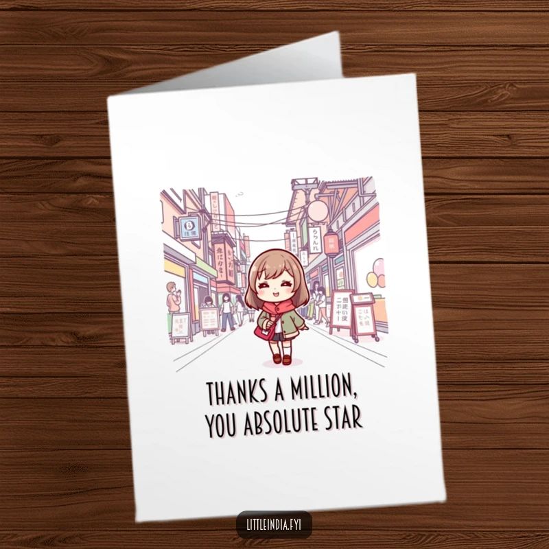 Funny Free Printable Thank You Card: Cute character exploring a bustling street, perfect for saying thanks.