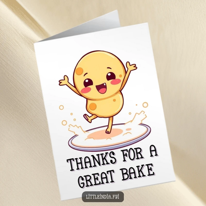 Funny Free Printable Thank You Card: Roti energetically dancing on a platter, kicking flour in a thankful gesture.