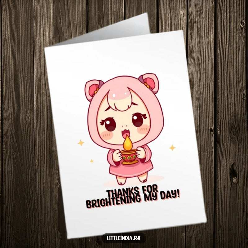 Funny Free Printable Thank You Card: Excited character holding a diya lamp, expressing thanks, warm downloadable art.