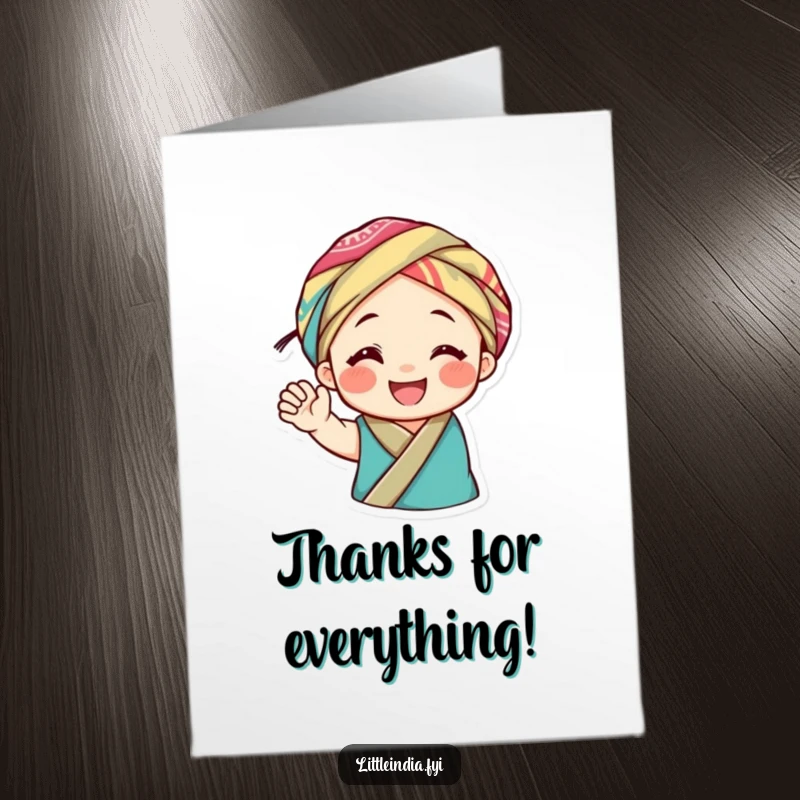 Funny Free Printable Thank You Card: Smiling character in a colorful fabric headwrap waves joyfully, sending heartfelt thanks.