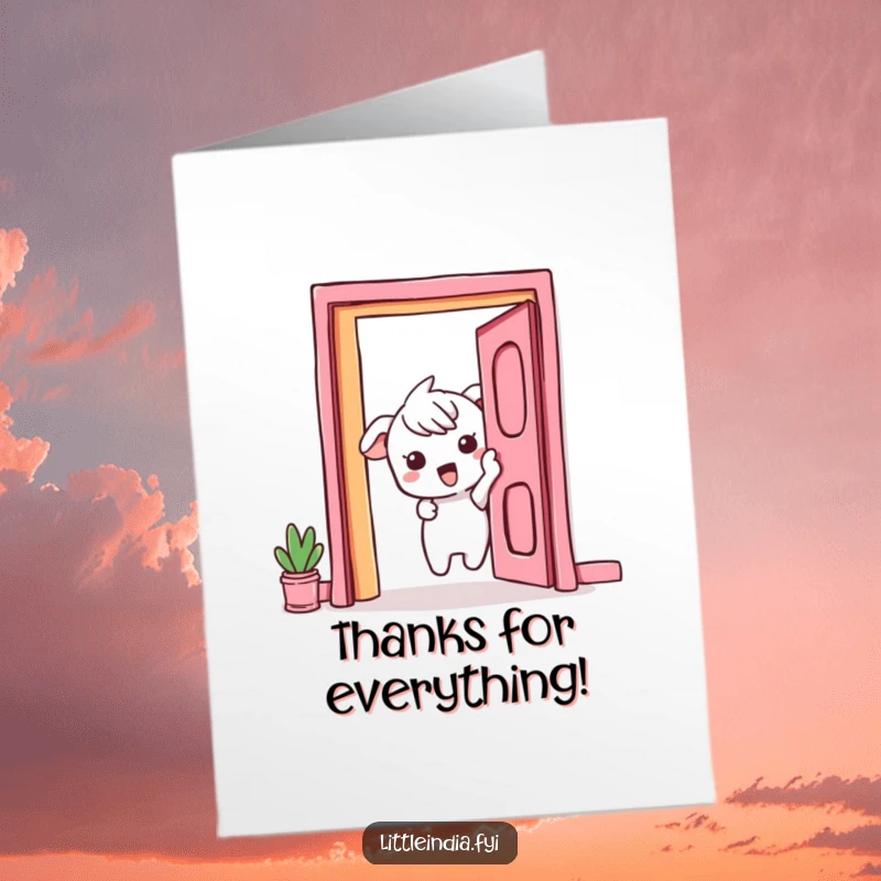 Funny Free Printable Thank You Card: A curious character peeks with excitement from behind a vibrant, welcoming doorway.