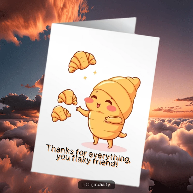 Funny Free Printable Thank You Card: Blushing croissant juggling small croissants, a cute and funny thank you.