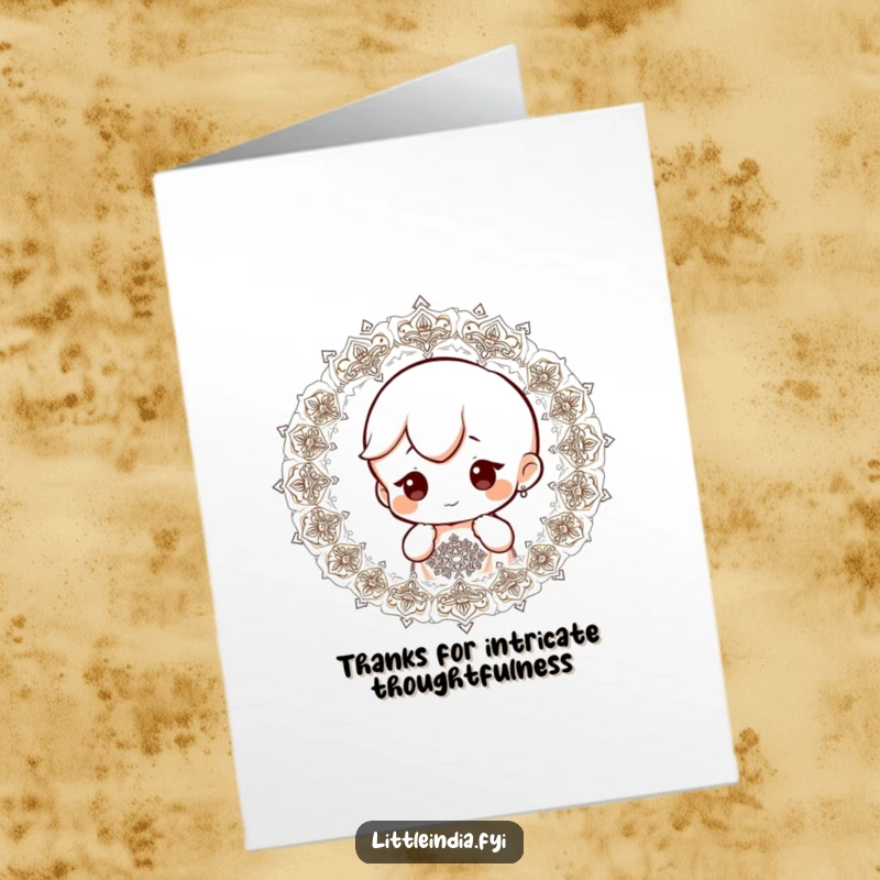 Funny Free Printable Thank You Card: A small character with a curious gaze examines intricate, beautiful patterns, appreciating the finer things.