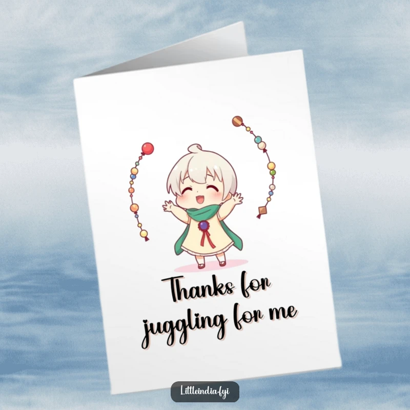Funny Free Printable Thank You Card: A character hilariously attempts to juggle multiple strings of beads, expressing thanks with a laugh.