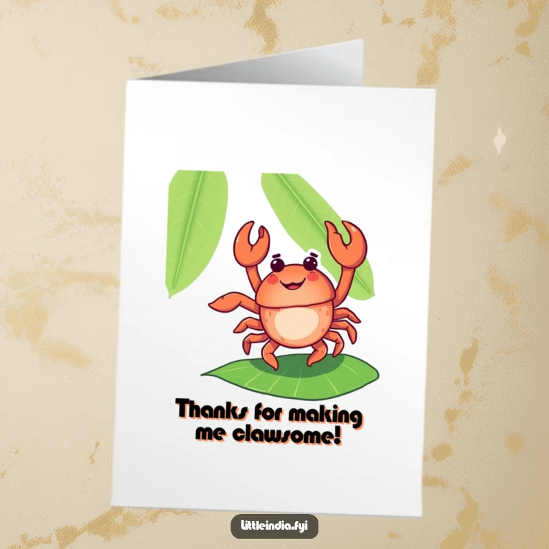 Funny Free Printable Thank You Card: Happy crab doing a flamboyant dance on a banana leaf, a groovy thank you.