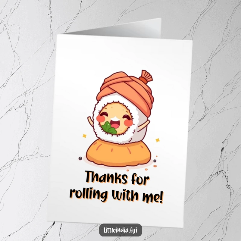 Funny Free Printable Thank You Card: Happy sushi roll in a turban riding a spice mound saying thanks.