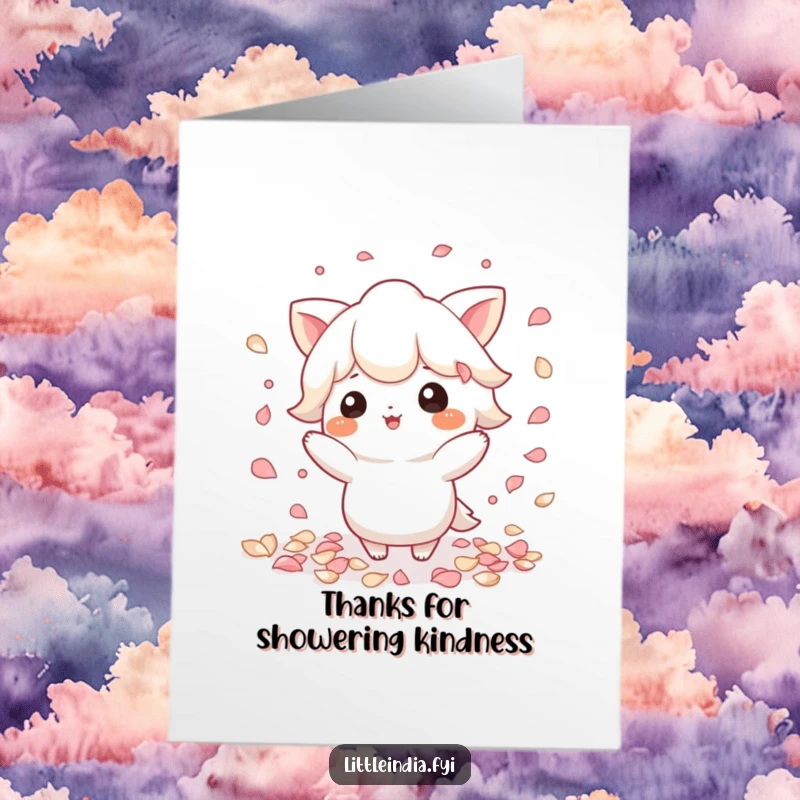 Funny Free Printable Thank You Card: Playful character scattering bright petals, offering a gentle and beautiful thank you. DIY present.