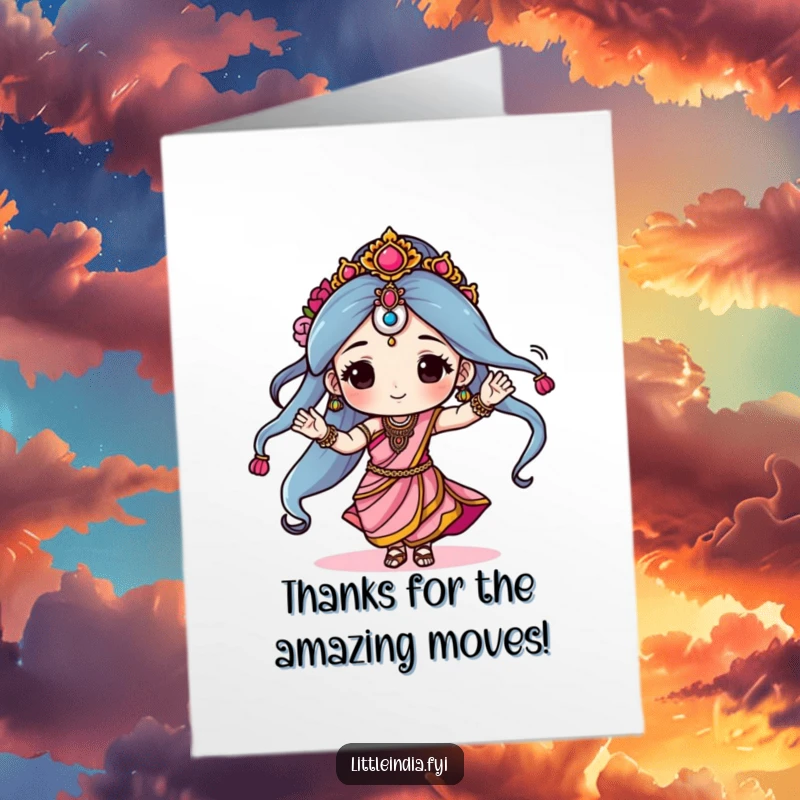Funny Free Printable Thank You Card: Sari dancer expressing thanks with graceful, happy dance moves.