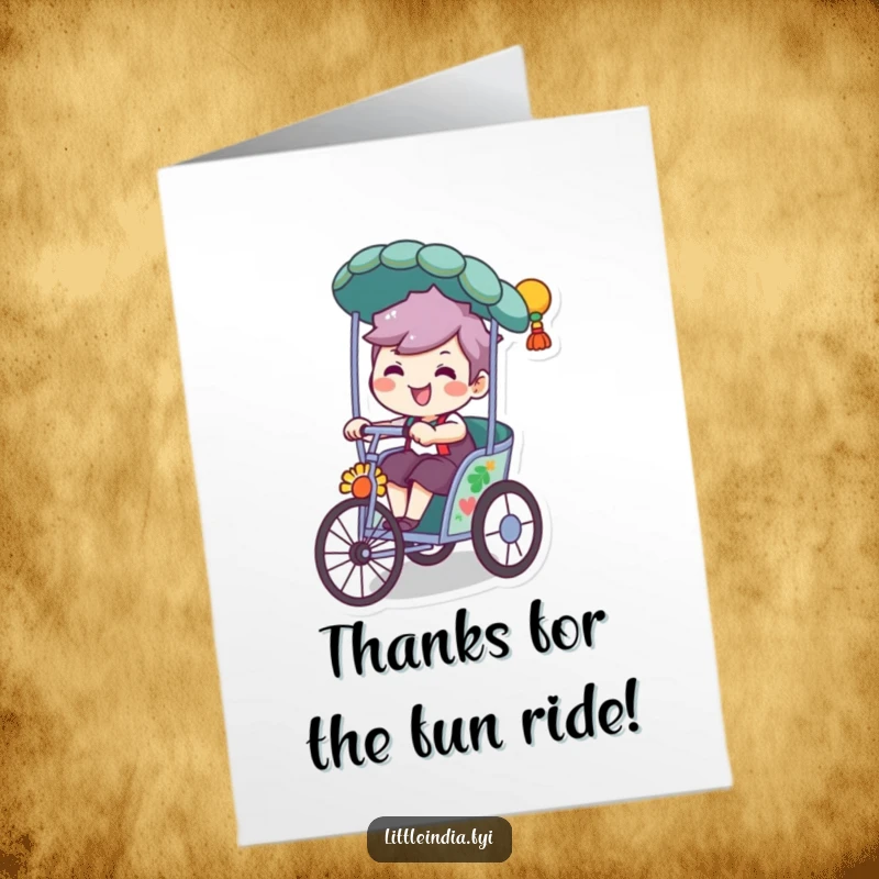 Free Printable Thank You Card: A character grinning widely while riding a decorated rickshaw, spreading thanks and joy.