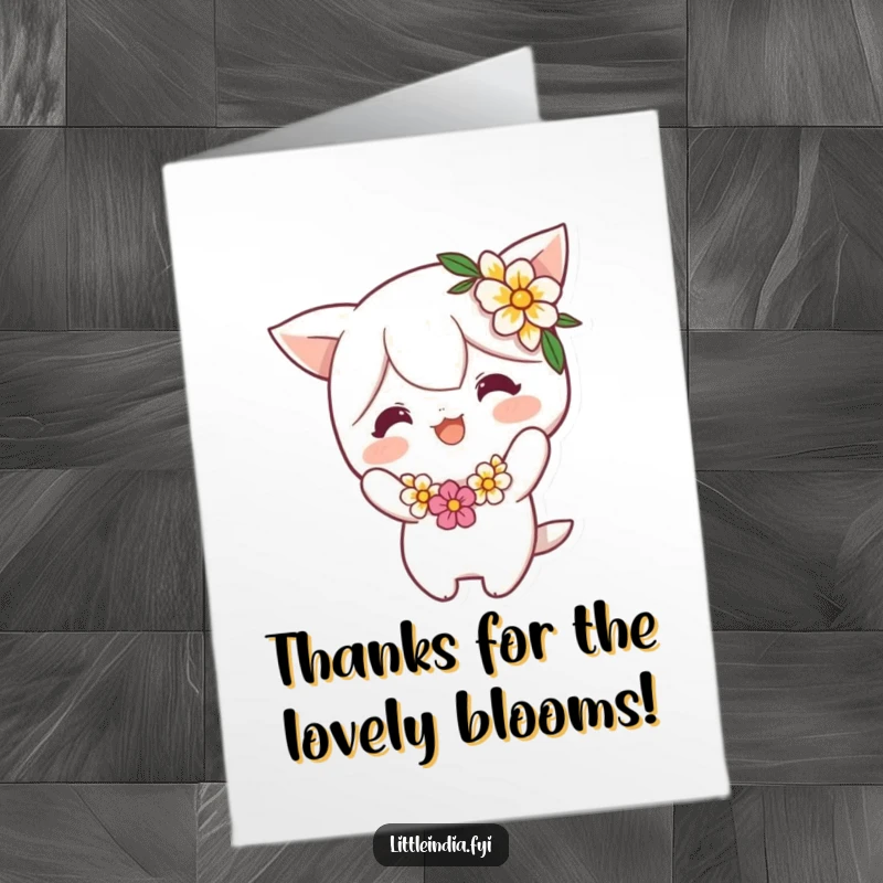 Funny Free Printable Thank You Card featuring a character in a floral garland executing a polite and humorous bow, perfect for expressing thanks.