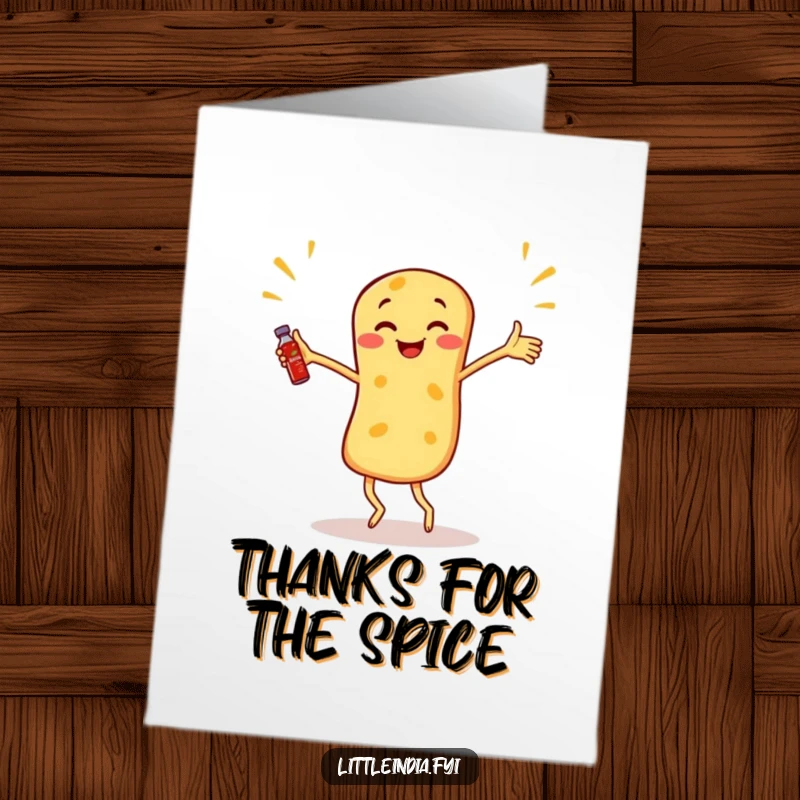 Funny Free Printable Thank You Card: A roti canai dancing and juggling sambal bottles, a humorous downloadable gift.