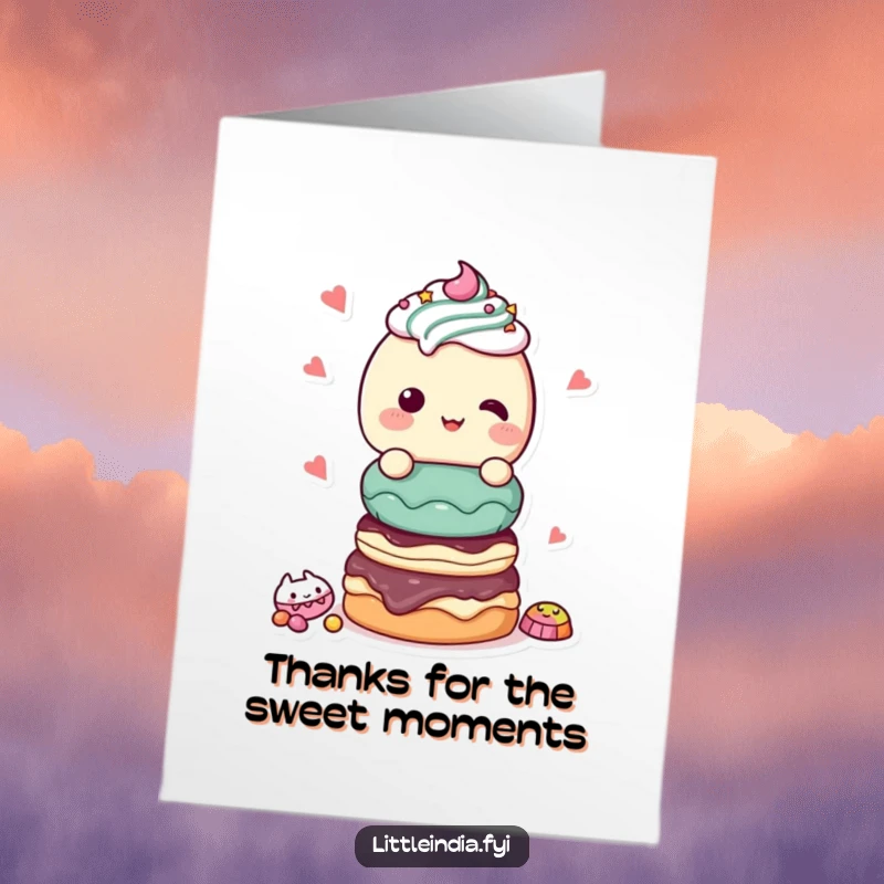 Funny Free Printable Thank You Card: A giggling character offers a tall stack of yummy sweet treats as a thank you.