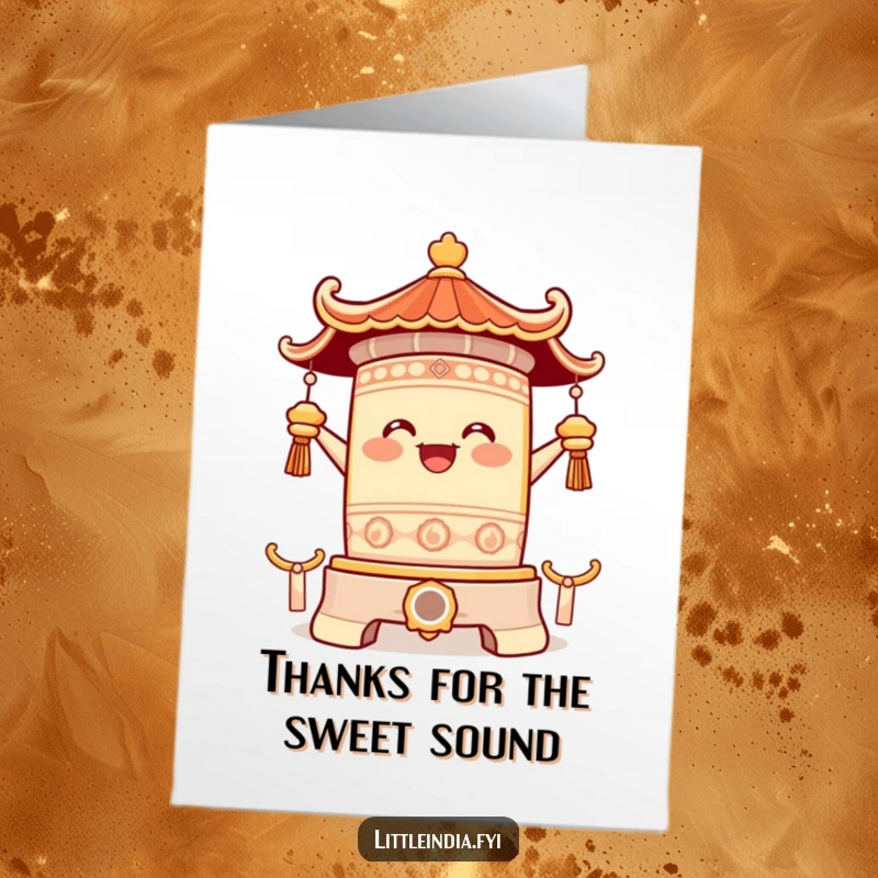 Funny Free Printable Thank You Card: A happy temple bell character ringing enthusiastically with a pleased expression.