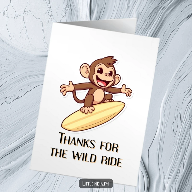 Funny Free Printable Thank You Card: A mischievous monkey casually surfing on a large roti, looking like a surfboard.
