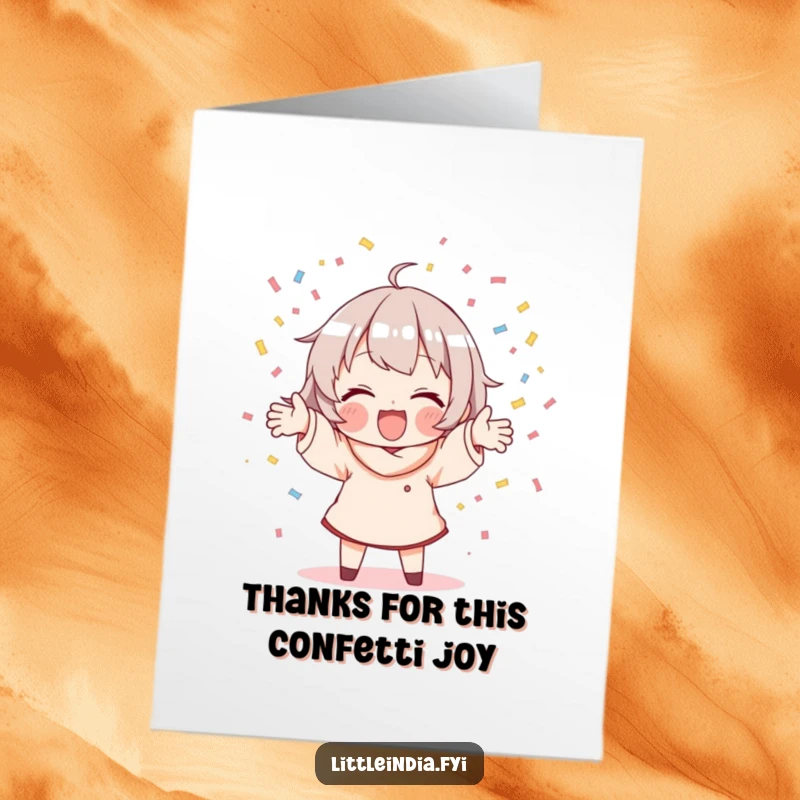 Funny Free Printable Thank You Card: A character happily scatters colorful confetti with both hands, conveying gratitude in a festive, joyful manner.