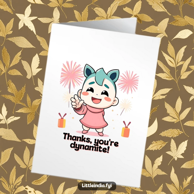 Funny Free Printable Thank You Card: Smiling character in a dynamic pose with festive firecrackers in the background.