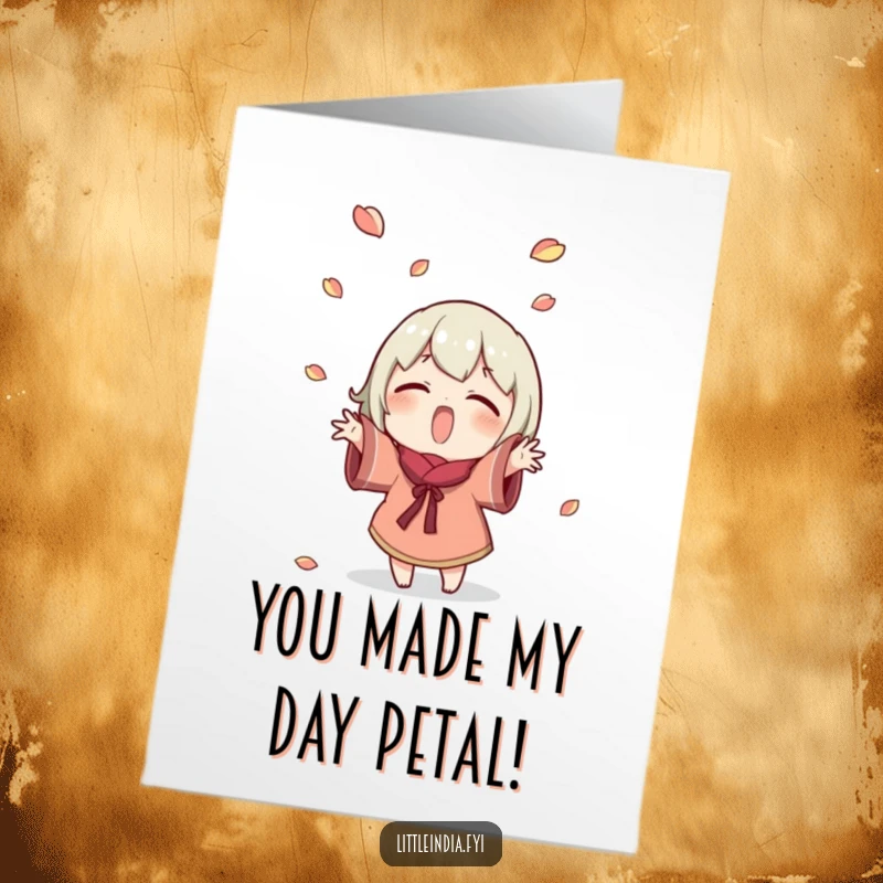 Funny Free Printable Thank You Card with a character enthusiastically tossing small petals, conveying a cheerful and humorous sense of appreciation.