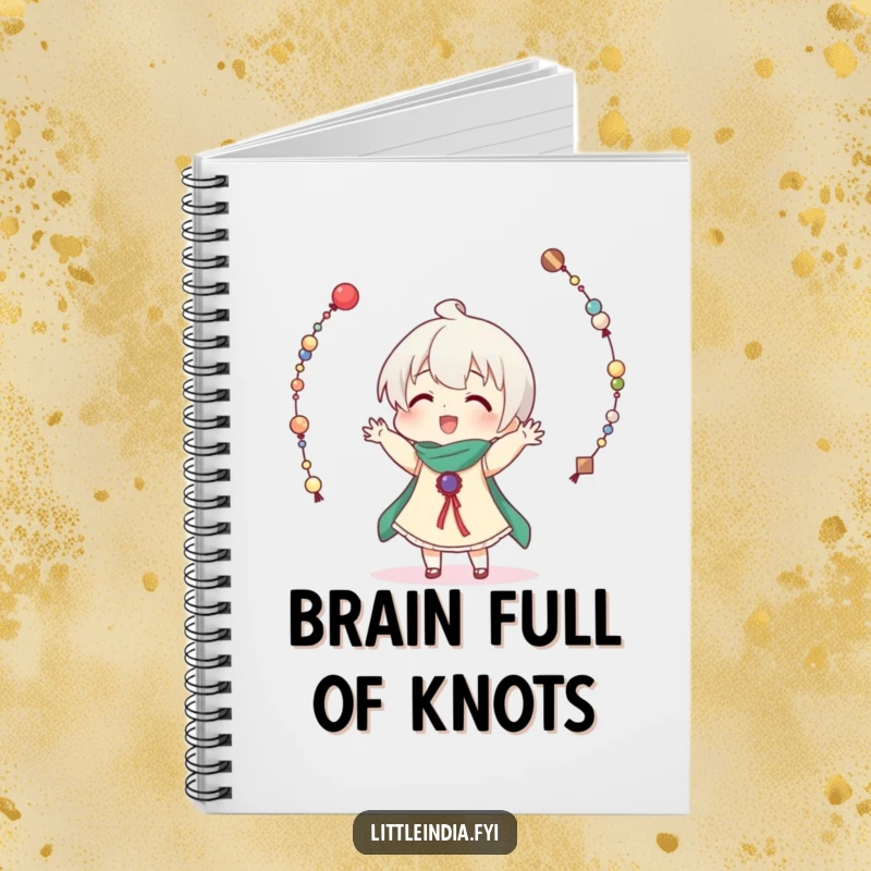 Funny notebook cover with a character comically trying to juggle decorative strings of beads, inspiring creative and humorous writing.