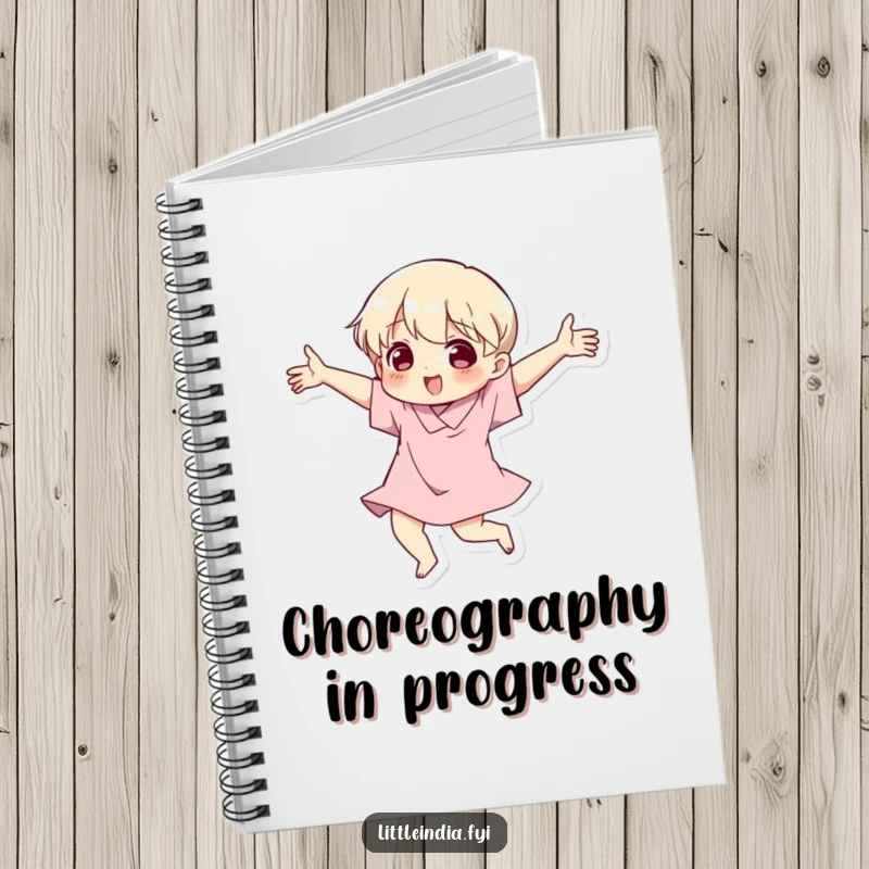 Funny notebook cover featuring a character dancing joyfully, with wide, expressive arm movements and a lively design.