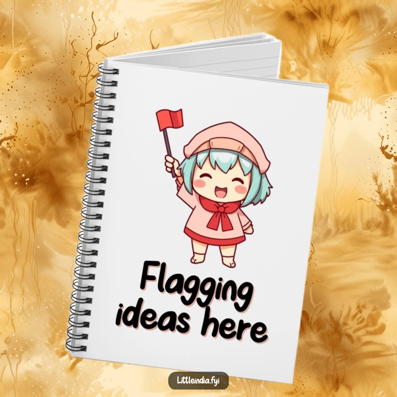 Funny notebook cover with a character enthusiastically waving a small, colorful flag, encouraging bright and cheerful writing.
