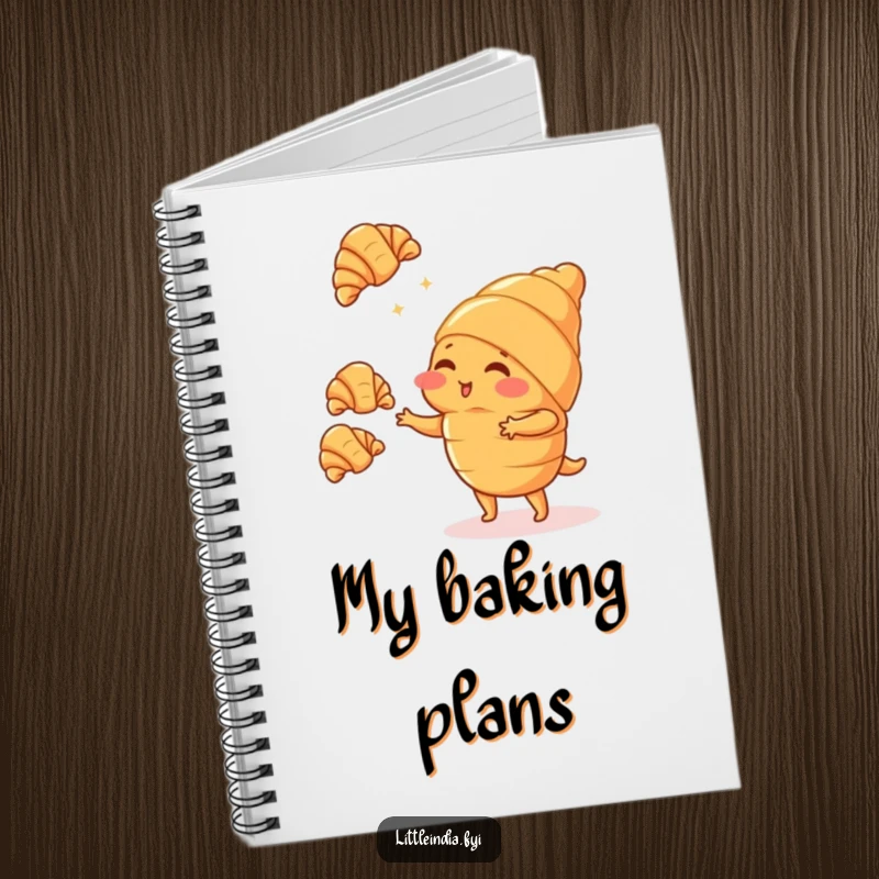 Funny blushing croissant character juggling tiny croissants on the cover of a lined notebook, perfect for notes.