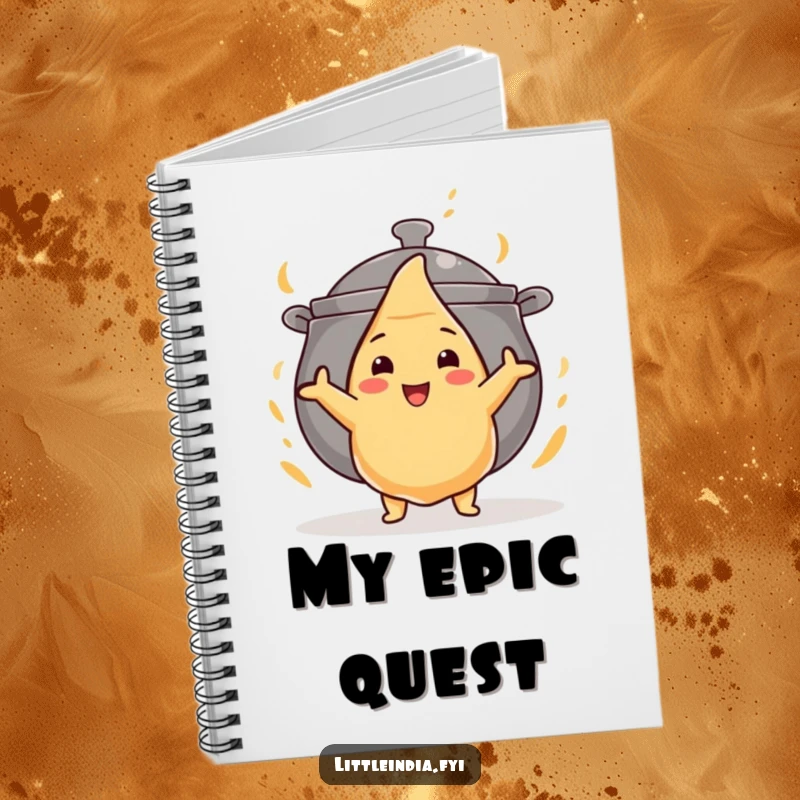 Funny notebook cover with a brave samosa standing tall against a giant curry pot, symbolizing bold new ideas.