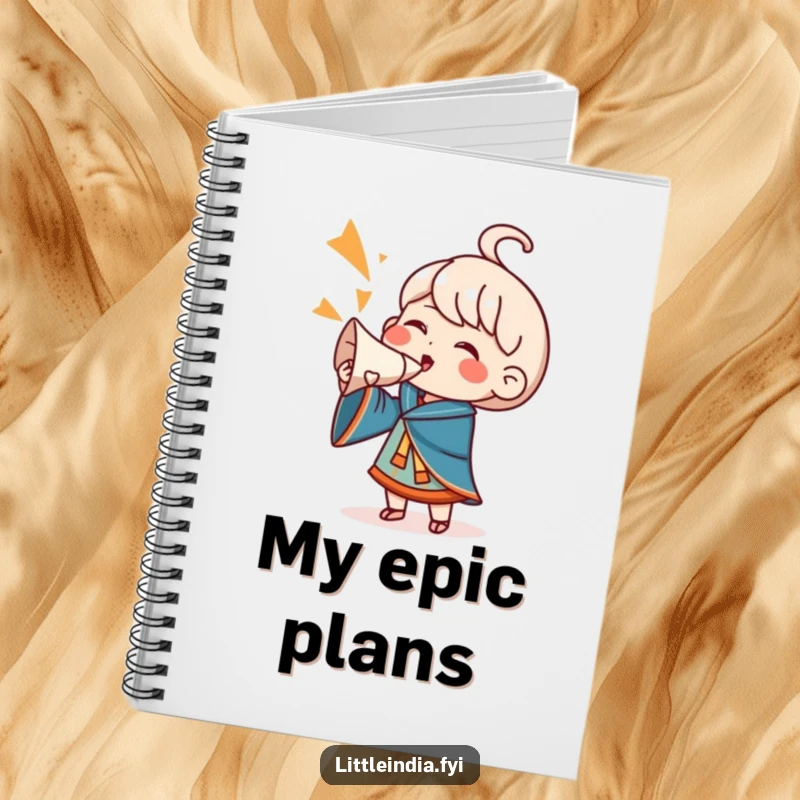 Funny Notebook: A character blows a conch shell with gusto, depicted mid-cheer, ideal for capturing exciting ideas and plans.