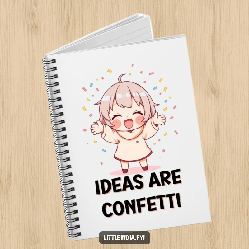 Funny notebook cover with a character joyfully scattering colorful confetti, inspiring bright and celebratory writing.