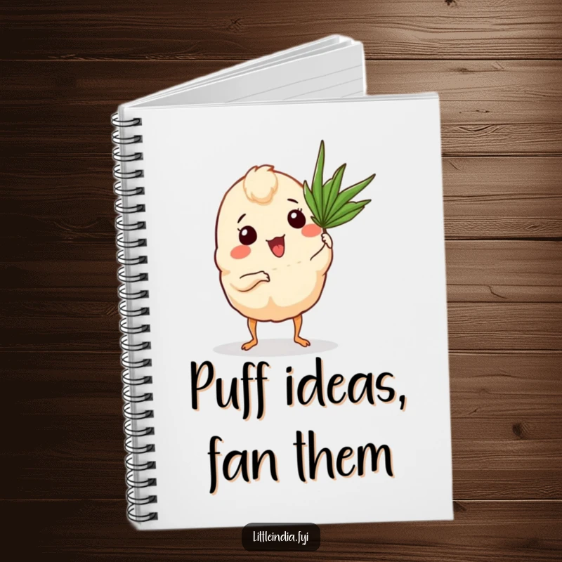 Funny Curry Puff Notebook cover with a curry puff and tiny legs fanning itself with a palm frond.