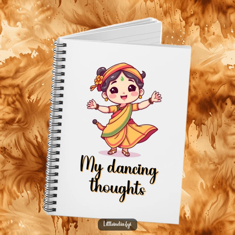 Funny notebook cover with a happy character in a bright sari, dancing energetically, perfect for jotting notes.