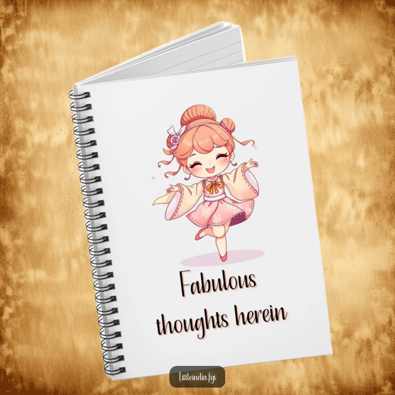 Funny notebook with a delighted character dancing with shimmering silk fabrics, ideal for journaling and creative inspiration.