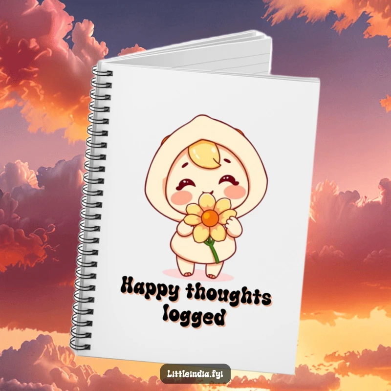 Funny notebook with a happy character joyfully offering a fragrant flower, ideal for journaling and creative inspiration.