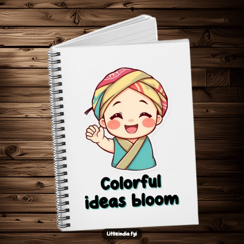 Funny notebook cover featuring a smiling character in a colorful headwrap, waving joyfully, inspiring cheerful and humorous note-taking.